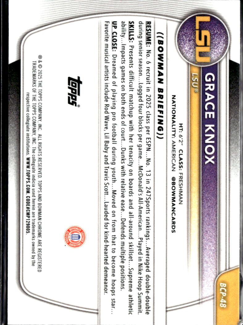 Grace Knox 2025 Bowman Chrome Sapphire 1st Yellow RC 30/75 LSU Tigers