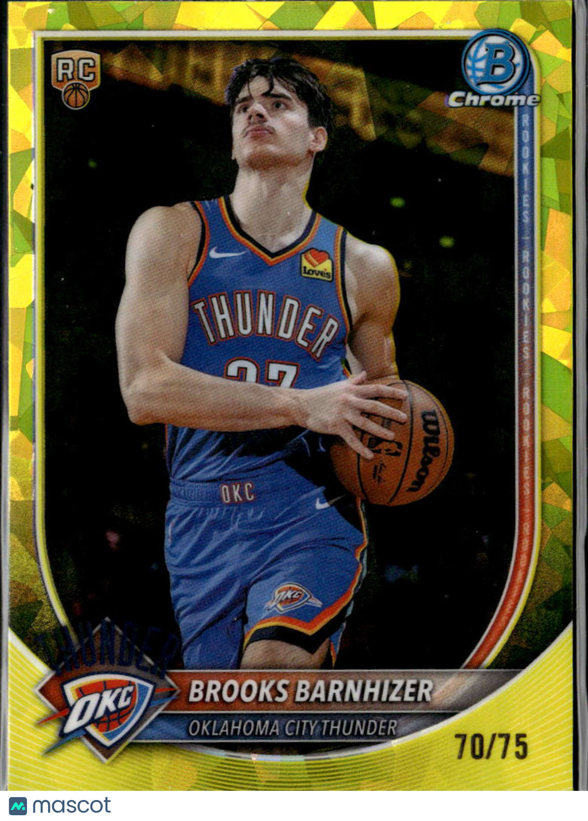 Brooks Barnhizer 2025 Bowman Chrome Yellow Sapphire RC /75 Oklahoma City Thunder
