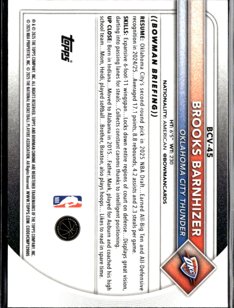 Brooks Barnhizer 2025 Bowman Chrome Yellow Sapphire RC /75 Oklahoma City Thunder