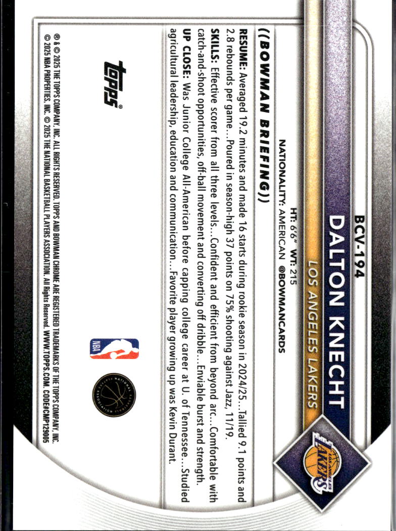 Dalton Knecht 2025 Bowman Chrome Sapphire GOLD Refractor 3/50 Lakers