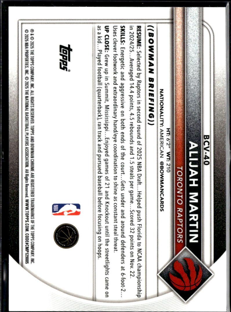 Alijah Martin 2025 Bowman Chrome Sapphire GOLD Refractor RC 37/50 Raptors