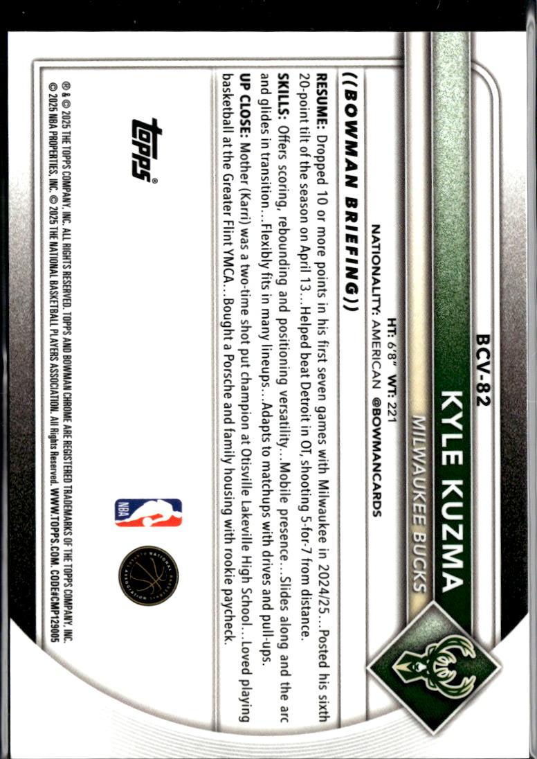 Kyle Kuzma 2025 Bowman Chrome Sapphire GOLD Refractor 43/50 Milwaukee Bucks