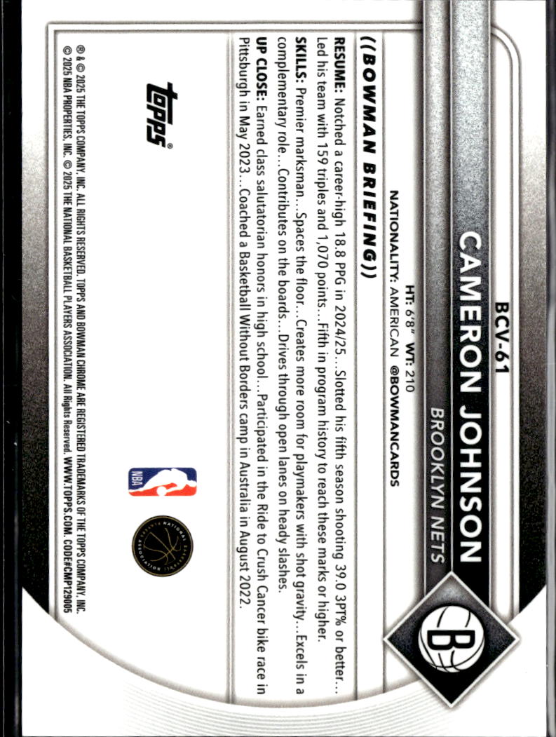 Cameron Johnson  2025 Bowman Chrome Sapphire GOLD Refractor 41/50 Brooklyn Nets