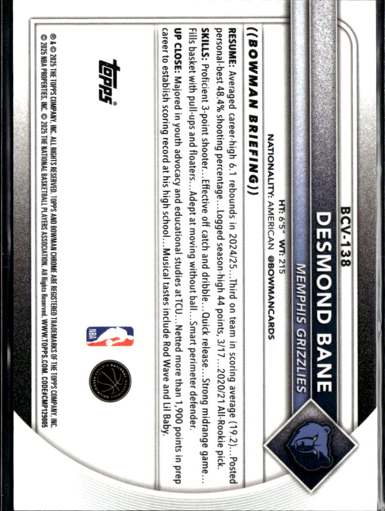 Desmond Bane 2025 Bowman Chrome Sapphire GOLD Refractor 47/50 Grizzlies