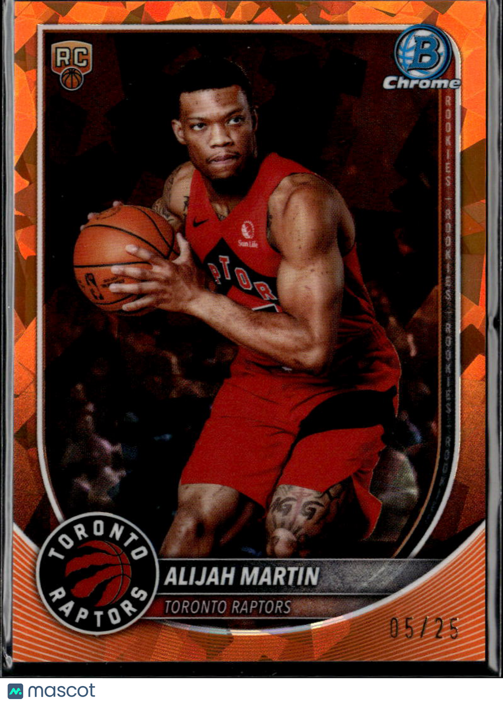 Alijah Martin 2025 Bowman Chrome Sapphire Orange Refractor RC /25 Raptors