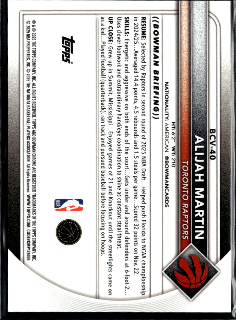 Alijah Martin 2025 Bowman Chrome Sapphire Orange Refractor RC /25 Raptors