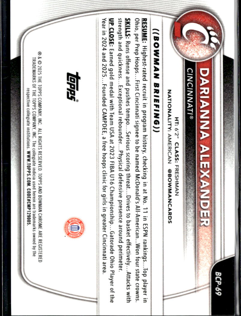 Darianna Alexander 2025 Bowman Chrome11st Sapphire GOLD Refractor /50 Cincinnati