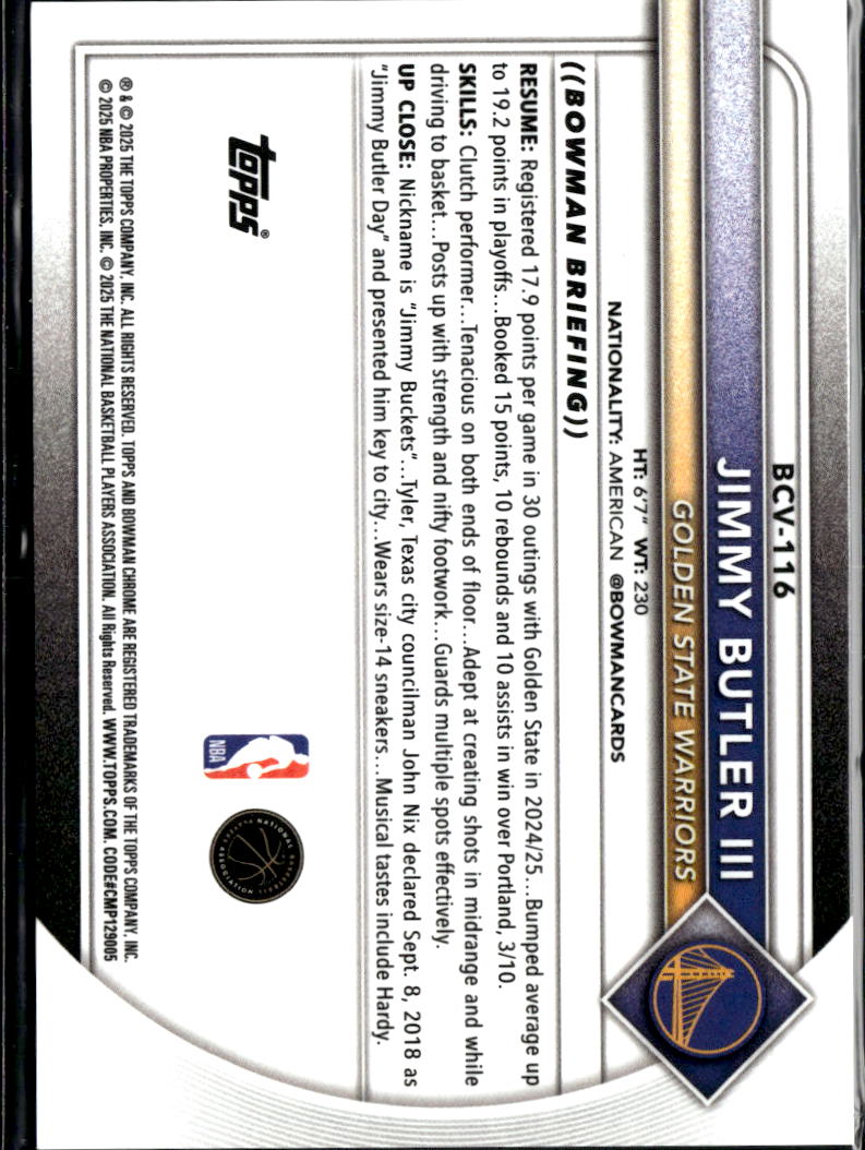 Jimmy Butler III 2025 Bowman Chrome Orange Sapphire 16/25 Golden State Warriors