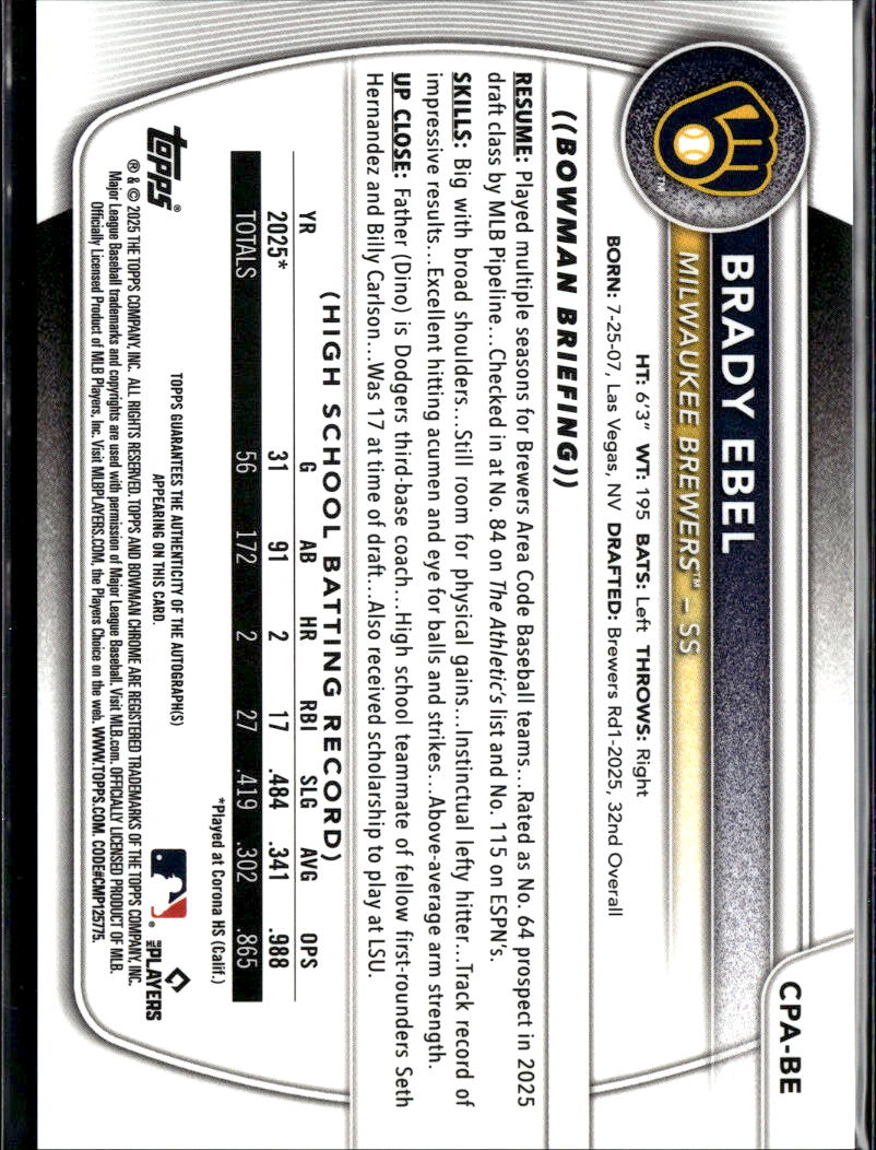 Brady Ebel 2025 Bowman Chrome 1st Auto Autograph RC Milwaukee Brewers
