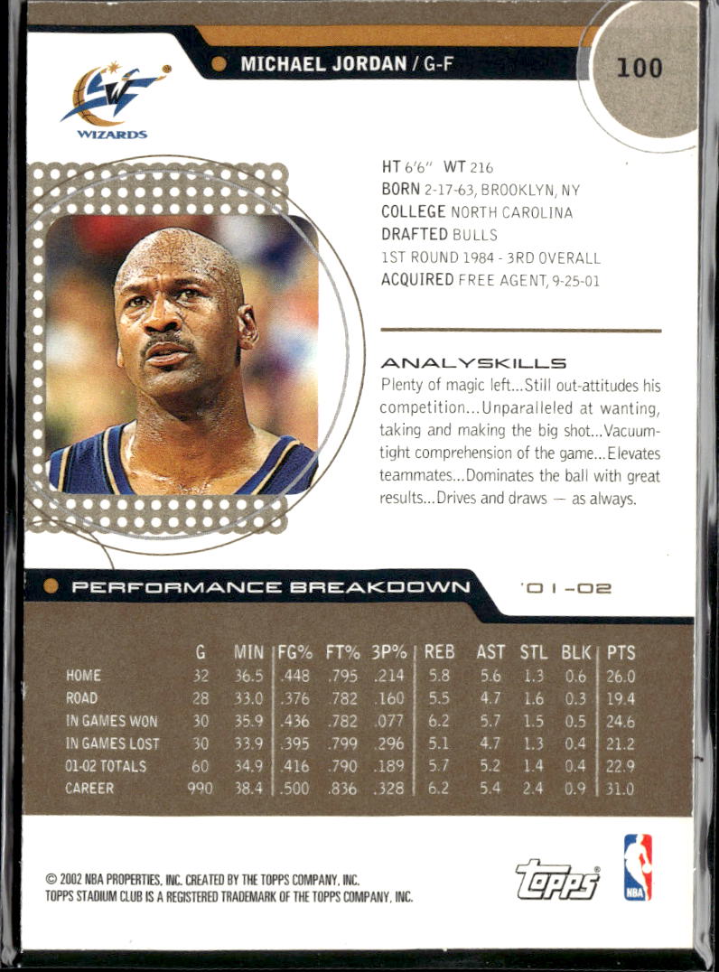 Michael Jordan 2002 Topps Stadium Club GOLD #100 Washington Wizards