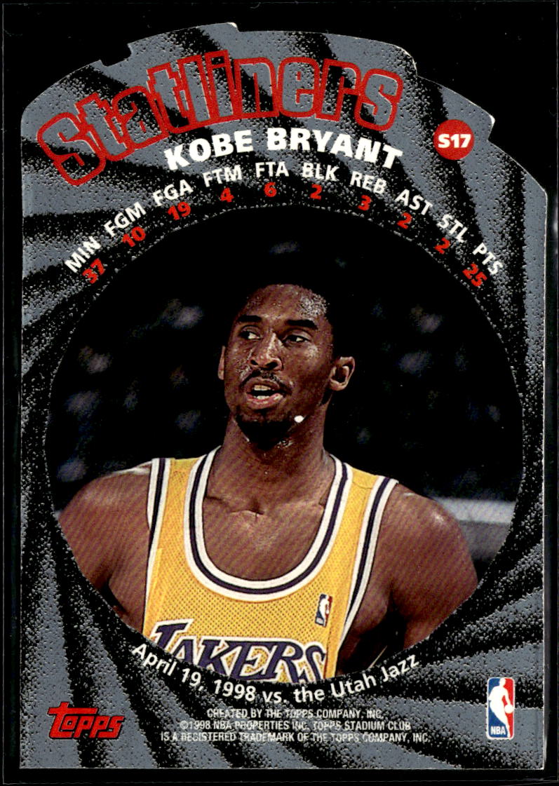 Kobe Bryant 1998 Topps Stadium Club Statliners #S17 Los Angeles Lakers