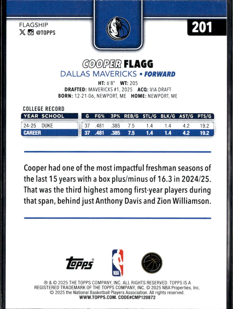Cooper Flagg 2025 Topps GOLD Rookie RC 0440/2025 #201 Dallas Mavericks
