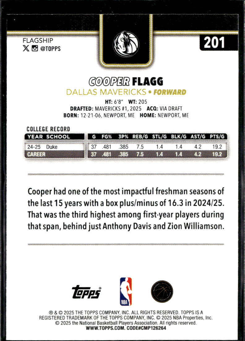 Cooper Flagg 2025 Topps Blackout Rookie RC #201 Dallas Mavericks