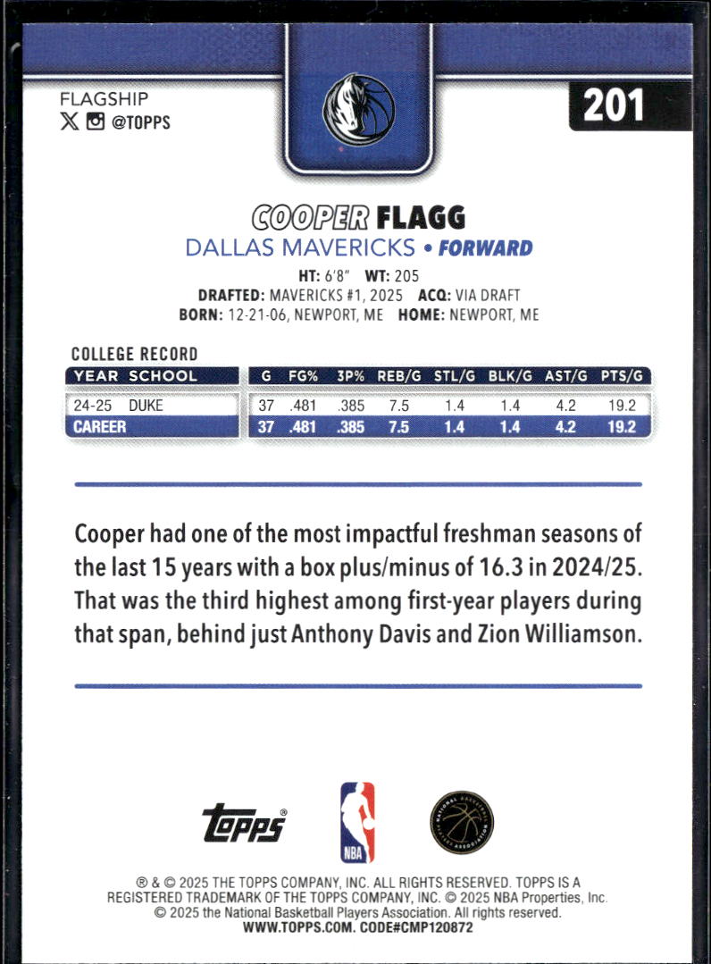Cooper Flagg 2025 Topps Flagship RC Dallas Mavericks