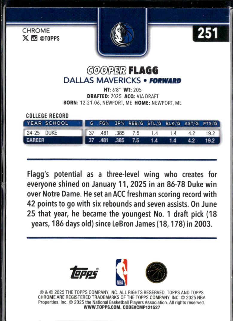Cooper Flagg 2025 Topps Chrome RC Rookie #251 Dallas Mavericks