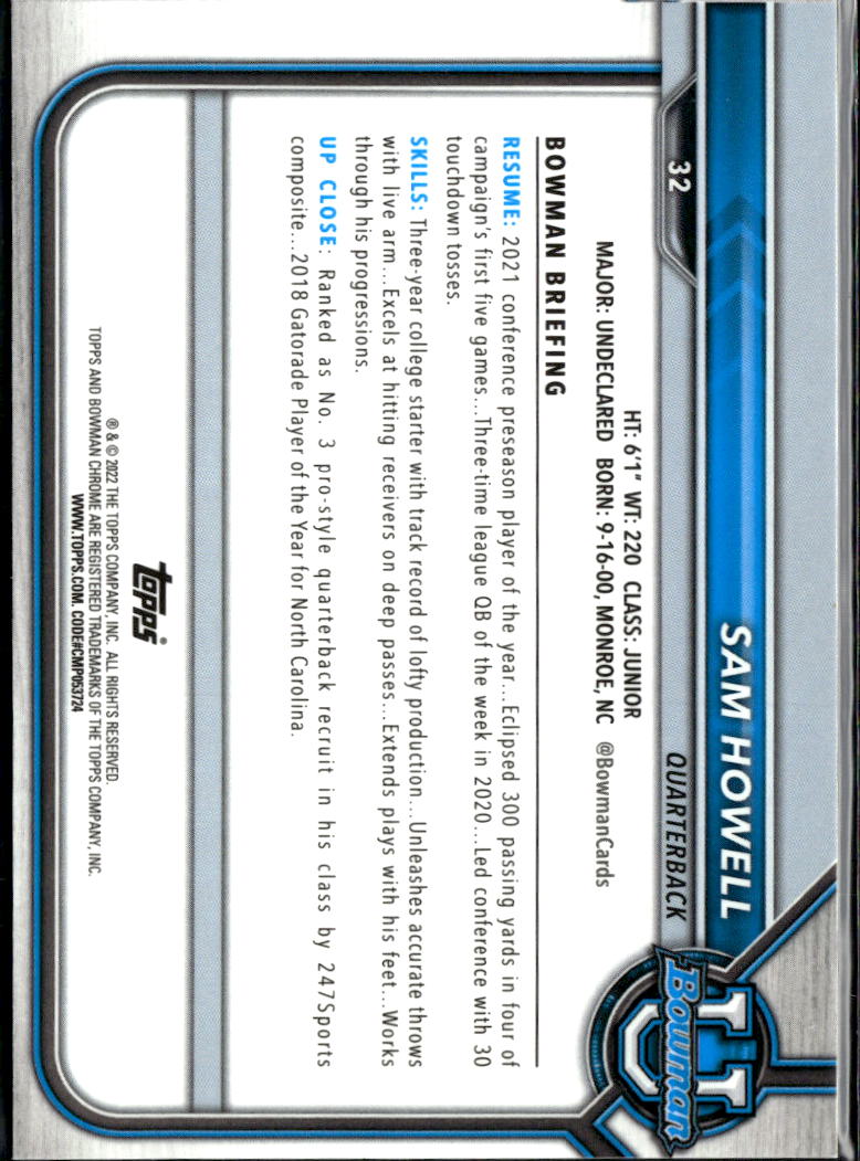 Sam Howell 2022 Bowman University Image Variation SSP RC North Carolina
