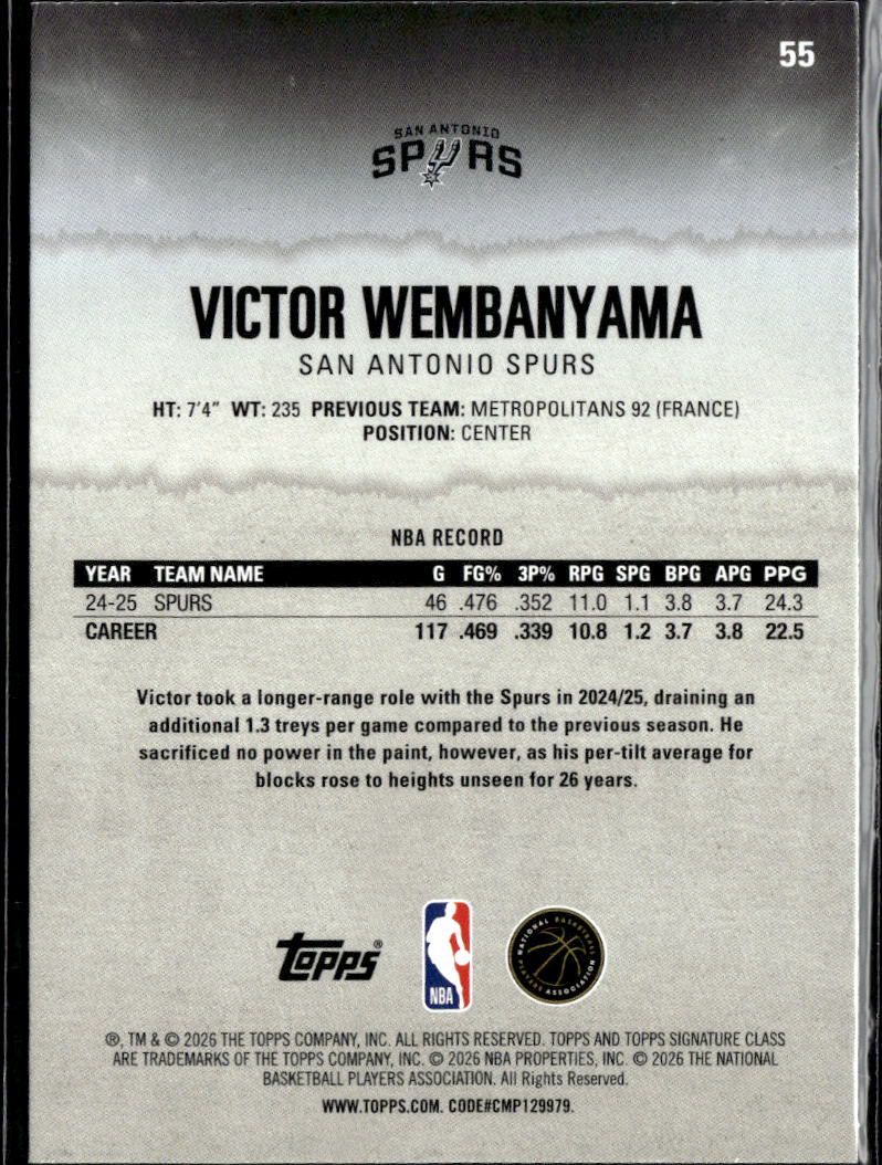 Victor Wembanyama 2026 Topps Signature Class Yellow 75/399 San Antonio Spurs