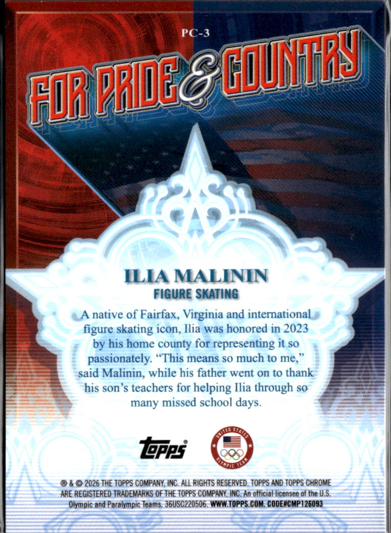 Ilia Malinin 2026 Topps Chrome For Pride & Country 59/76 USA Olympic Team