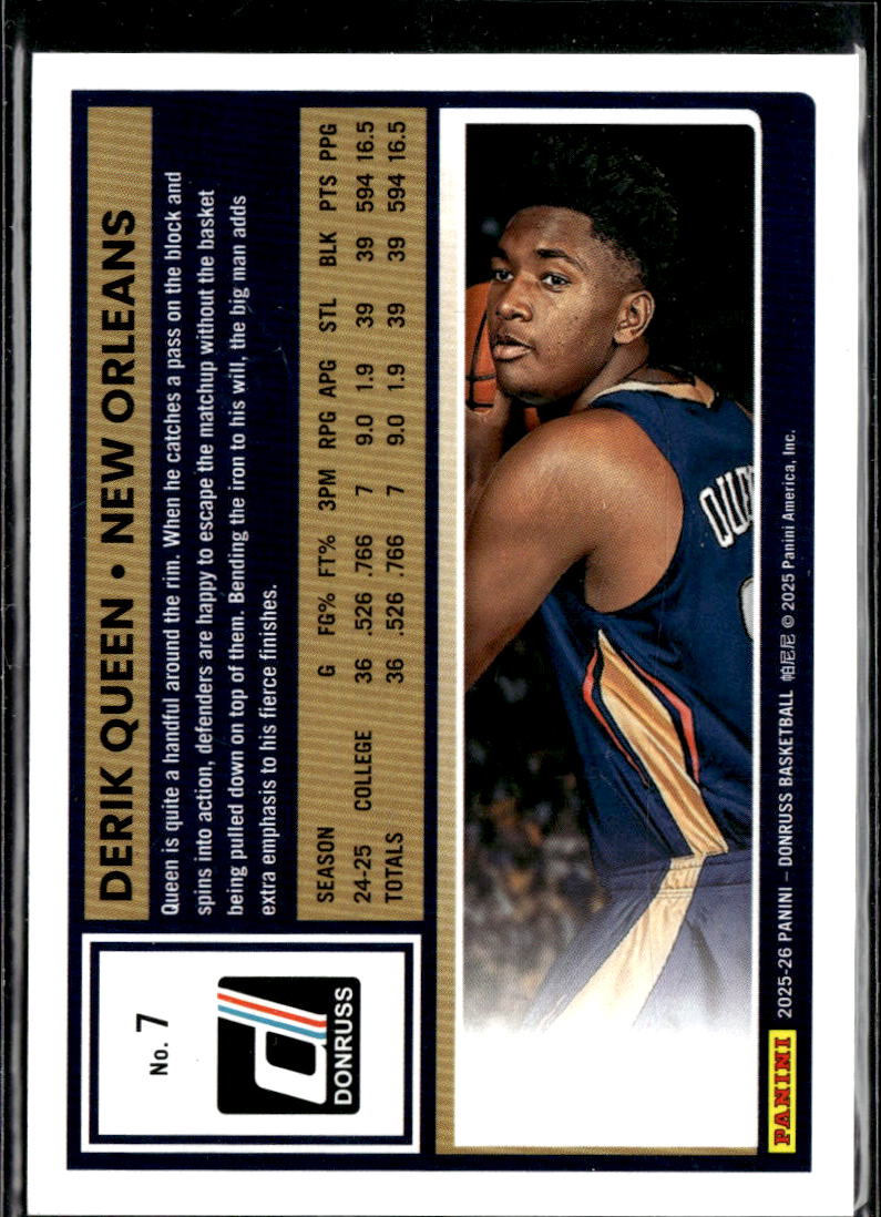 Derik Queen 2025 Donruss Rated Rookie Purple RC 243/275 Pelicans