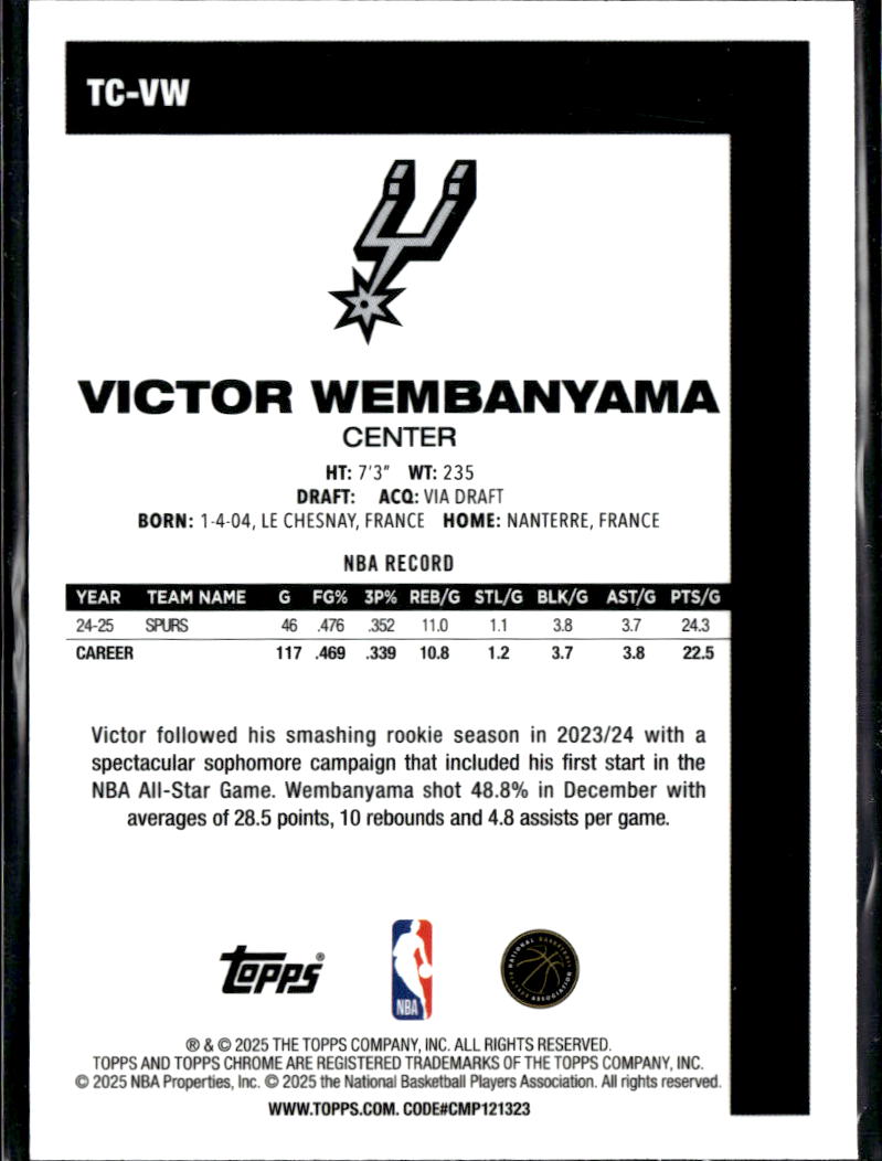 Victor Wembanyama 2025 Topps Chrome '80 Silver Pack Refractor San Antonio Spurs