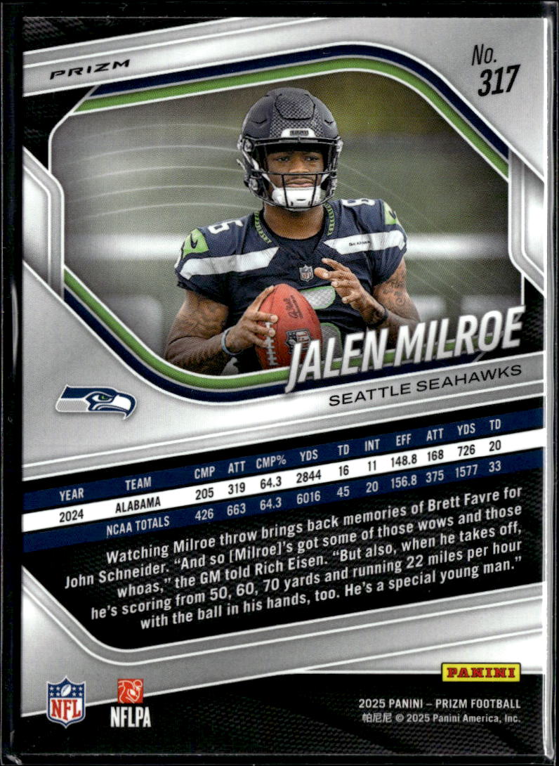 Jalen Milroe 2025 Panini Prizm Silver Prizm Rookie RC Seattle Seahawks