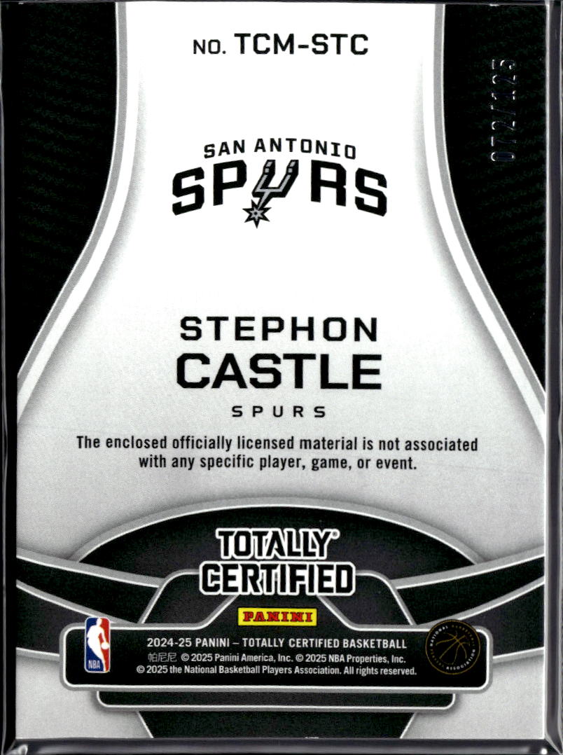 Stephon Castle 2025-26 Totally Certified RC 3 Color Patch 72/125 Spurs