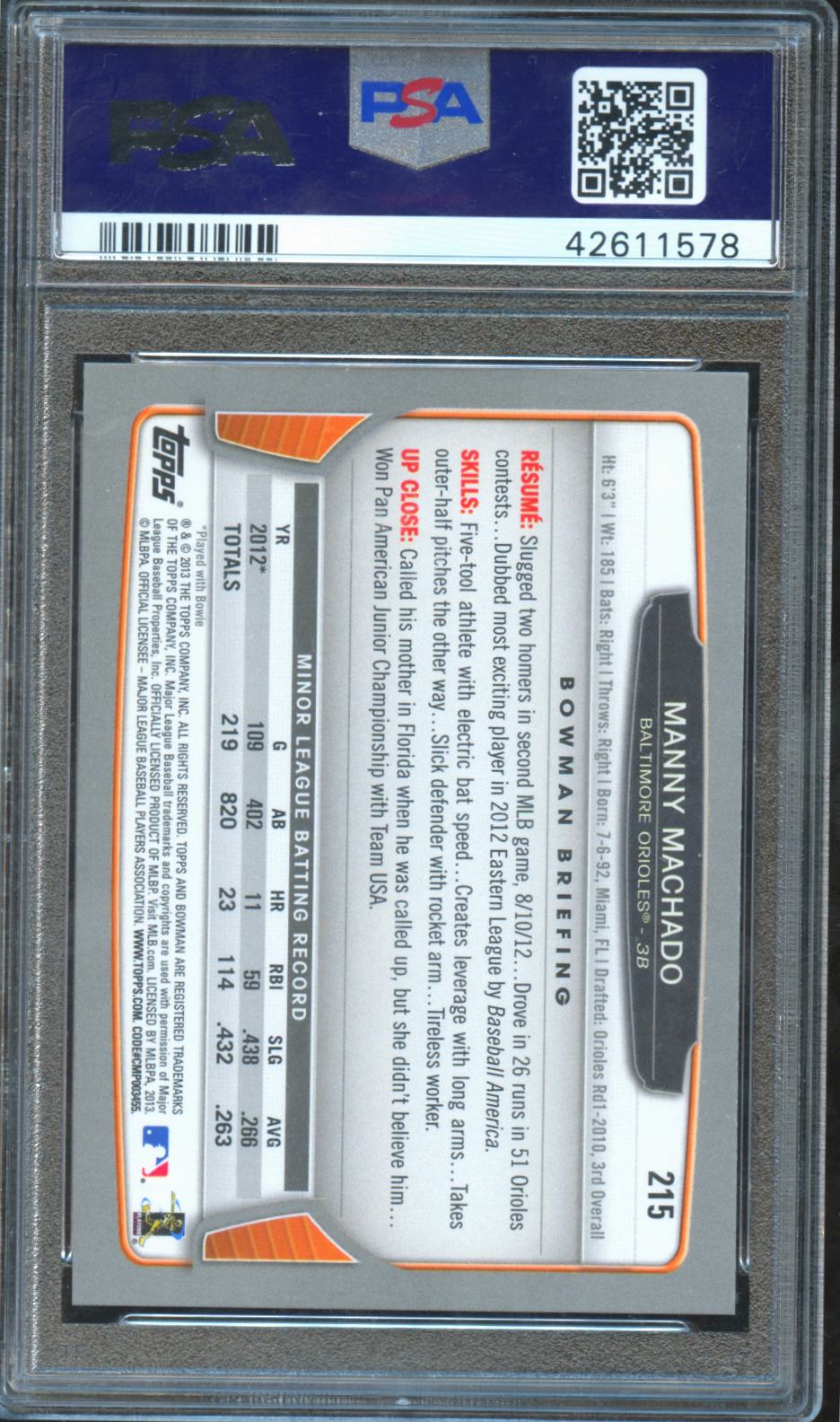 Manny Machado 2013 Bowman Rookie RC Baltimore Orioles #215 PSA 10