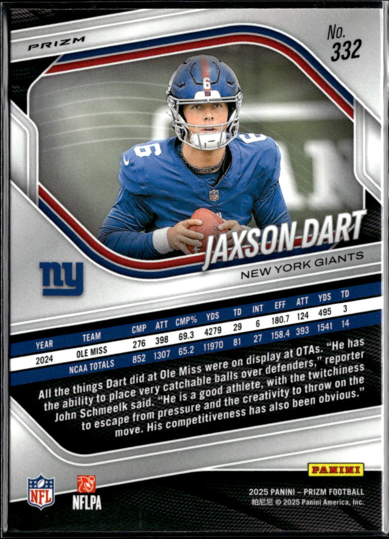 Jaxson Dart 2025 Prizm Orange Ice Prizm Rookie RC #332 New York Giants