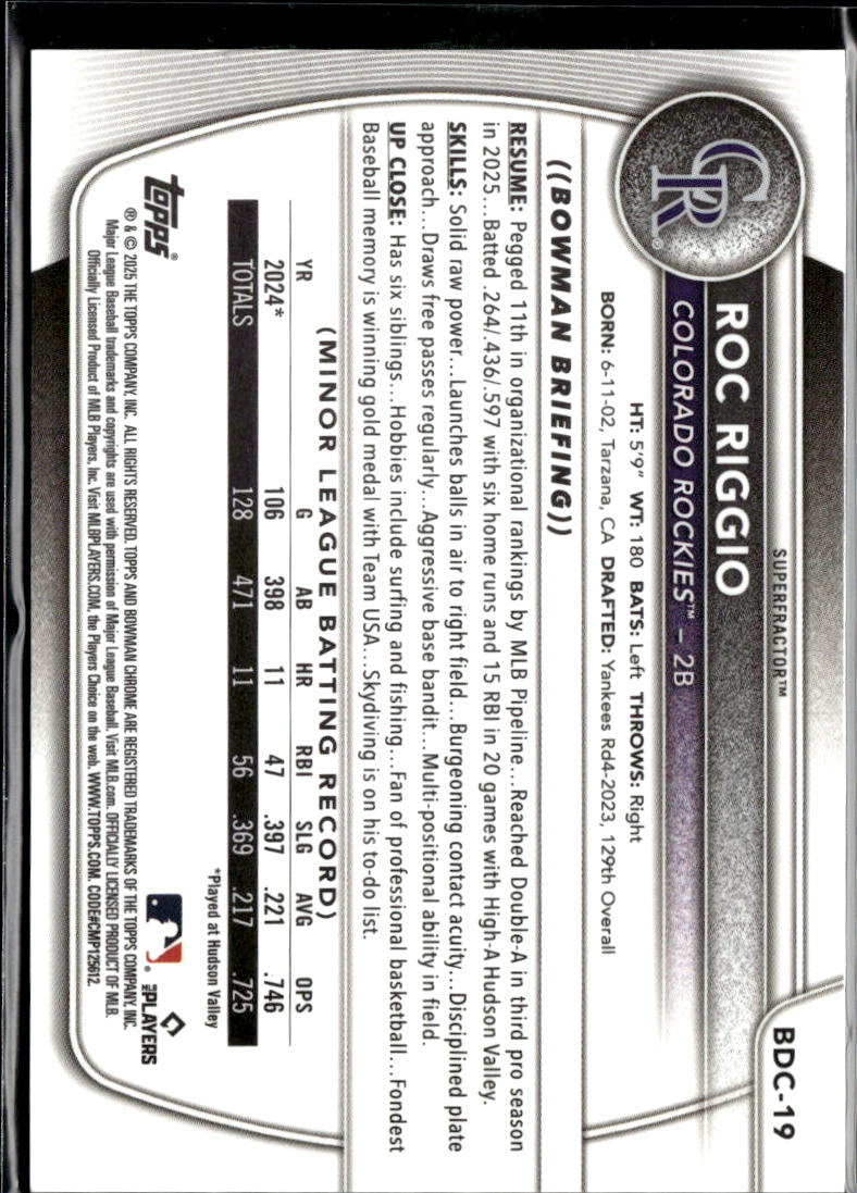 Roc Riggio 2025 Bowman Chrome Superfractor 1/1 #BDC19 Colorado Rockies