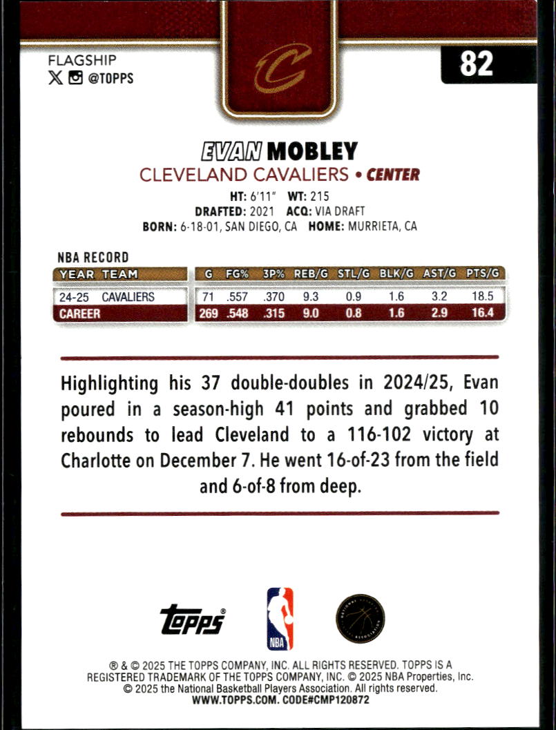 Evan Mobley 2025 Topps Flagship GOLD Glitter 14/50 #82 Cleveland Cavaliers