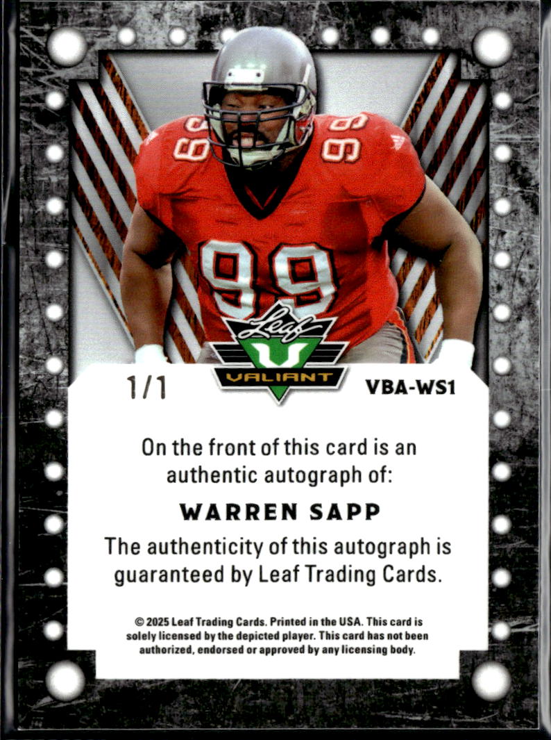 Warren Sapp 2025 Leaf Valiant Auto Autograph RED 1/1 Tampa Bay Buccaneers