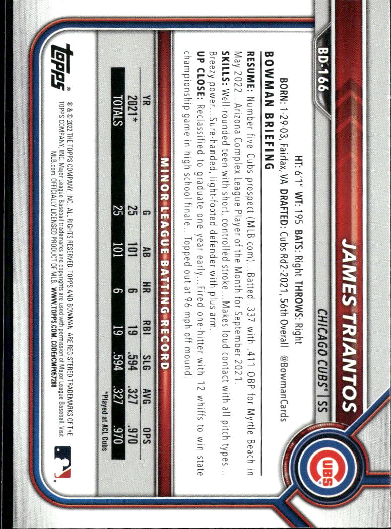 James Triantos 2022 Bowman Draft GOLD Paper 10/50 Chicago Cubs