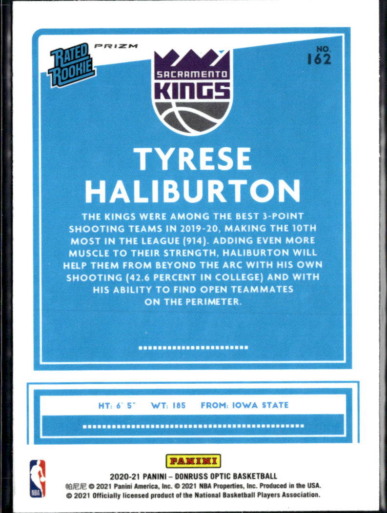 Tyrese Haliburton 2020-21 Optic Purple Shock Prizm Rated Rookie RC Kings