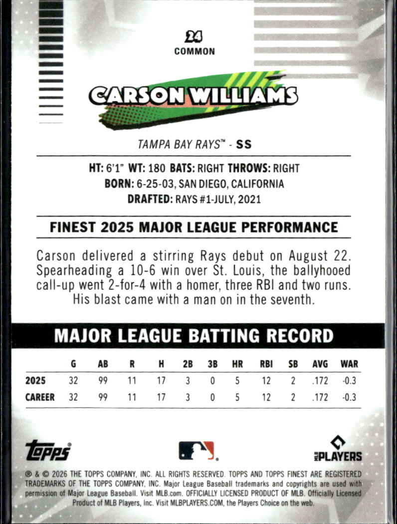 Carson Williams 2026 Topps Finest Purple XFractor Rookie RC 53/75 Tampa Bay Rays