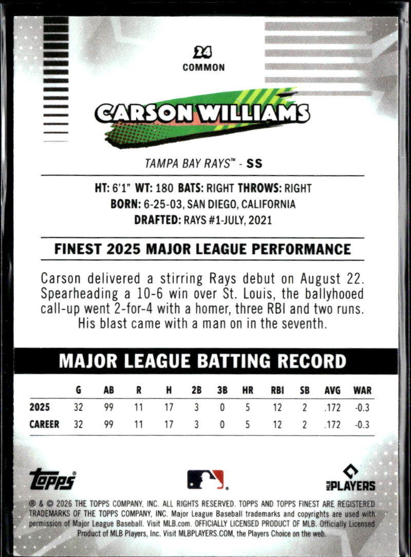 Carson Williams 2026 Topps Finest Green Refractor Rookie RC 57/99 Tampa Bay Rays