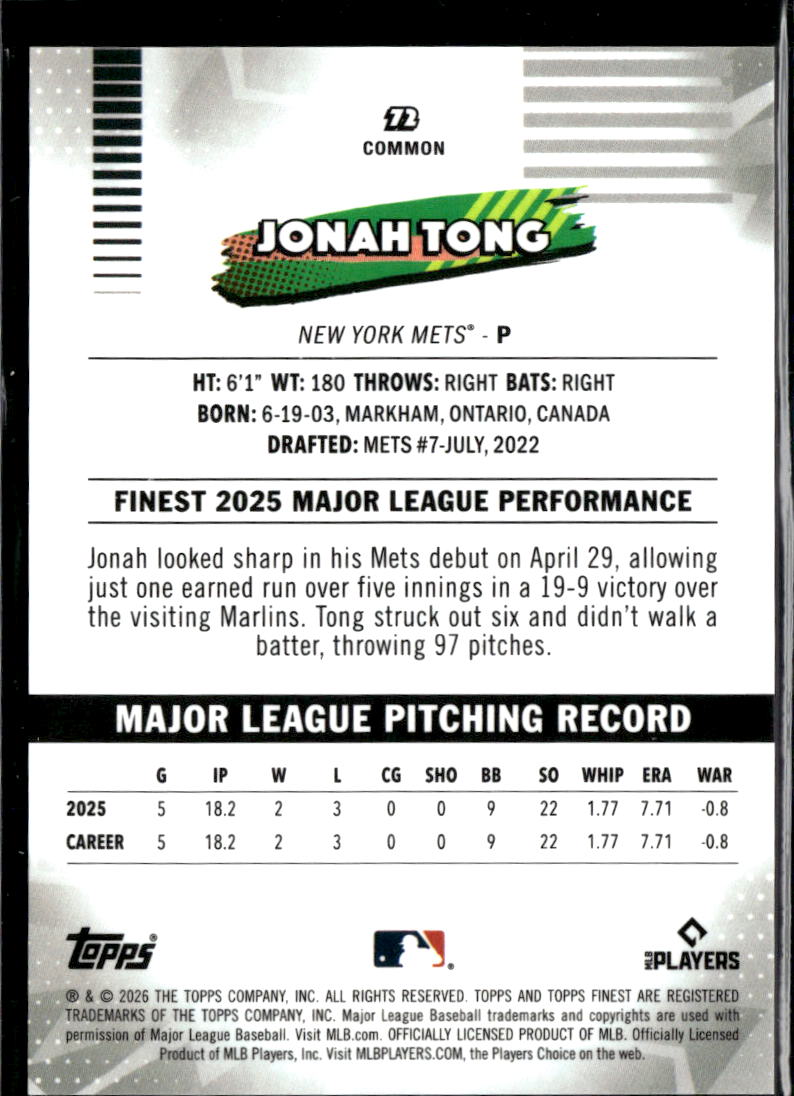 Jonah Tong 2026 Topps Finest Blue Refractor Rookie RC 142/150 New York Mets