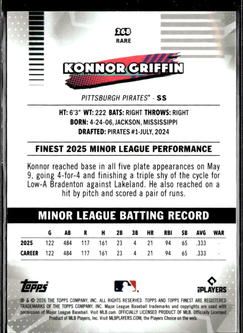 Konnor Griffin 2026 Topps Finest RARE Pink Refractor RC /250 Pittsburgh Pirates