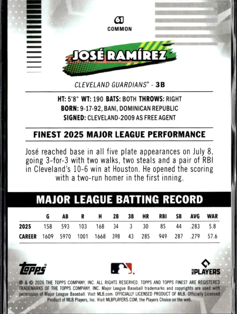 Jose Ramírez 2026 Topps Finest GOLD Refractor 45/50 Cleveland Guardians