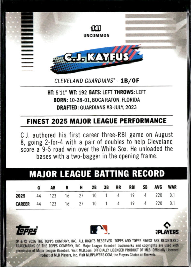 C.J. Kayfus 2026 Topps Finest RC GOLD Refractor Rookie 49/50 Cleveland Guardians