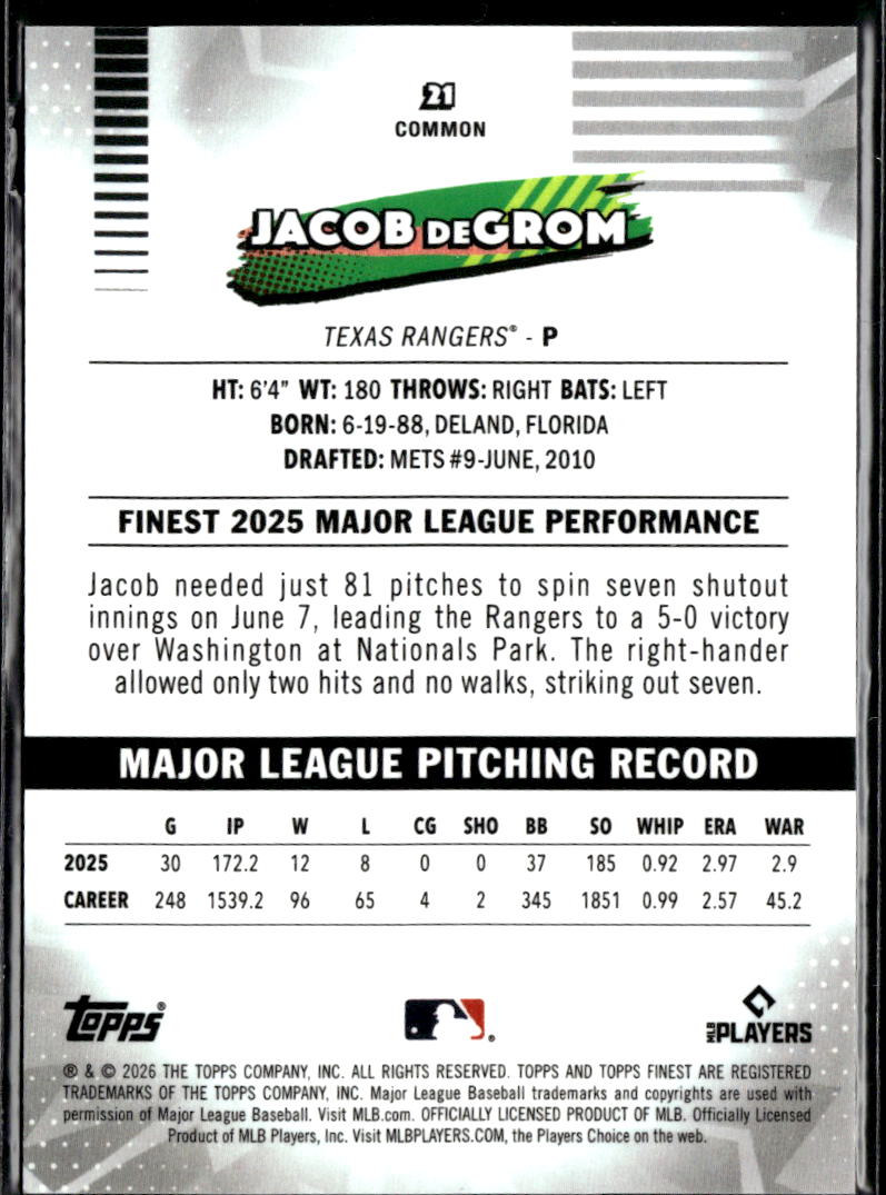 Jacob deGrom 2026 Topps Finest GOLD Refractor 26/50 Texas Rangers