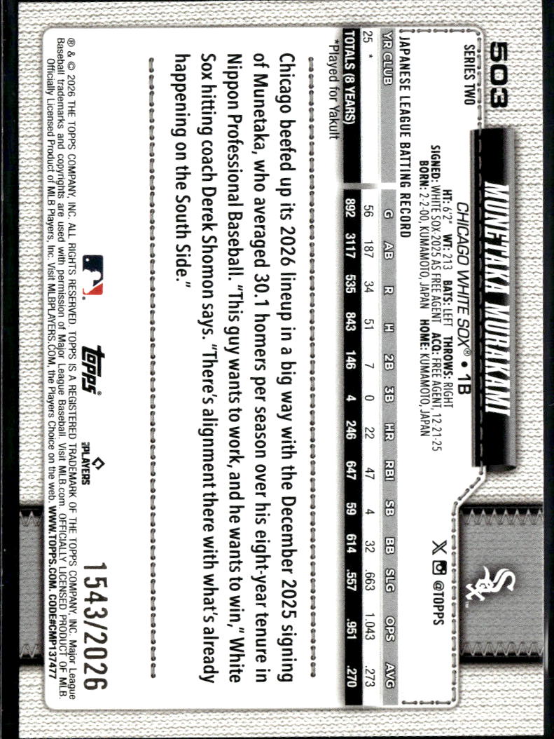 Munetaka Murakami 2026 Topps Series Two GOLD RC 1543/2026 Chicago White Sox