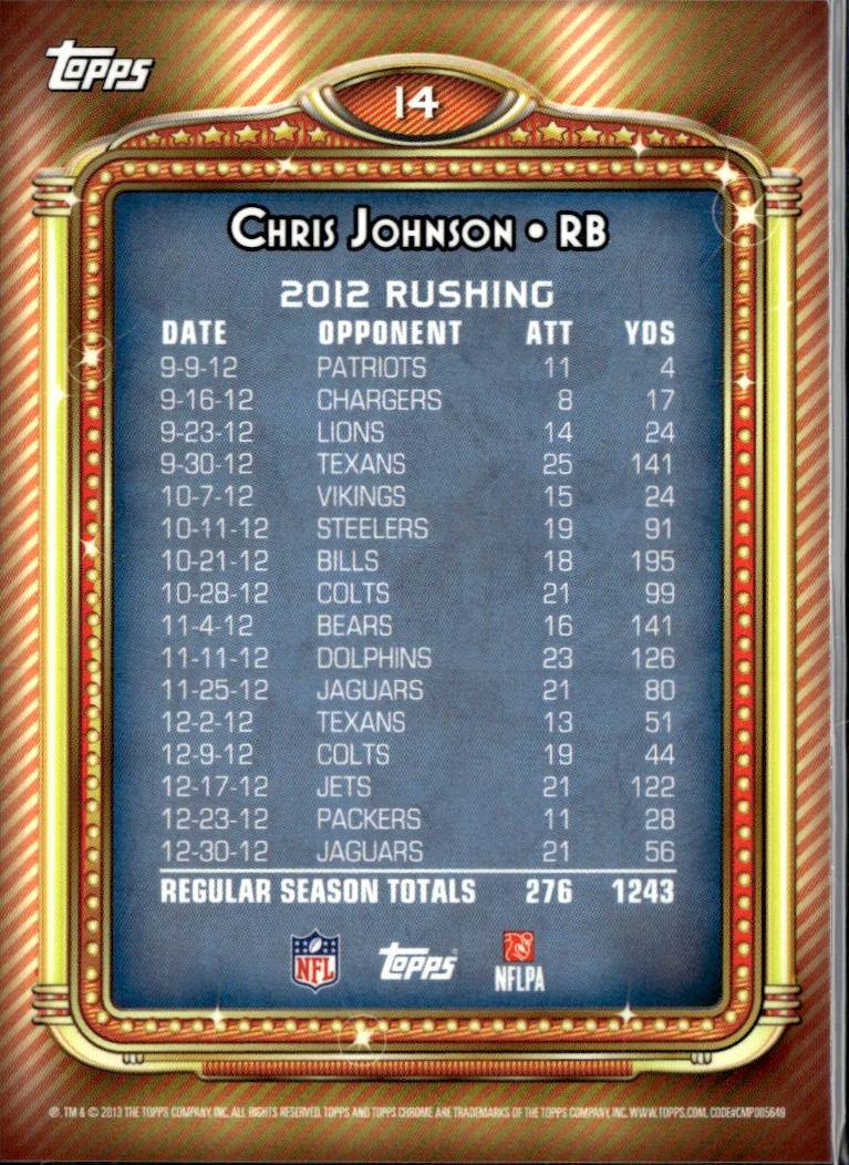 Chris Johnson 2013 Topps 1000 Yard Club REFRACTOR #14 Tennessee Titans