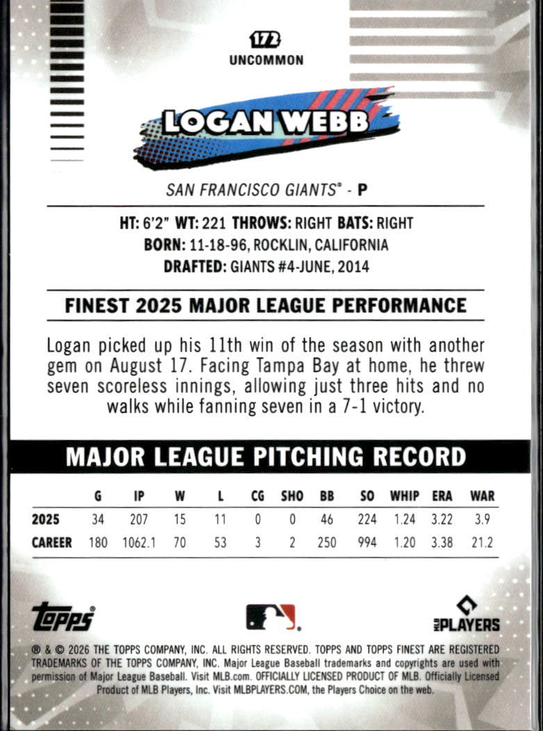 Logan Webb 2026 Topps Finest GOLD Mini-Diamond Refractor 26/50 Giants
