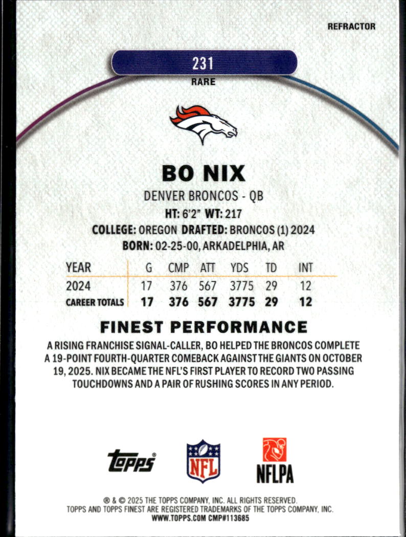 Bo Nix 2025 Topps Finest RARE Refractor #231 Denver Broncos