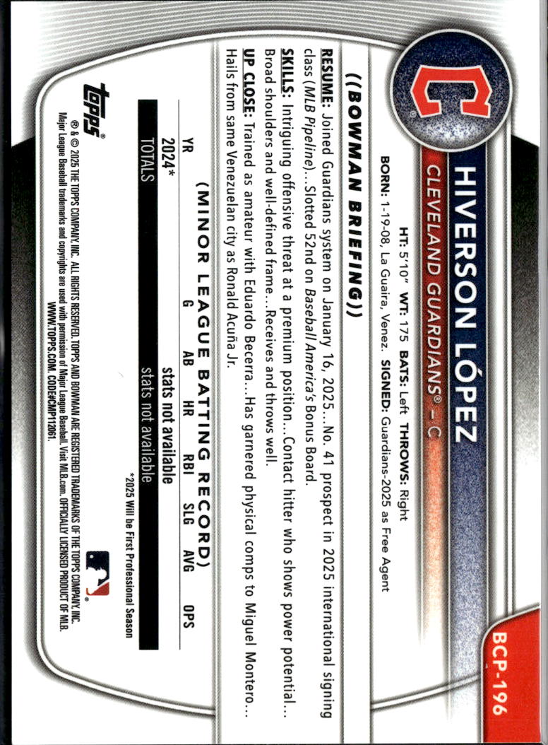 Hiverson Lopez 2025 Bowman Chrome 1st GOLD Refractor 25/50 Cleveland Guardians