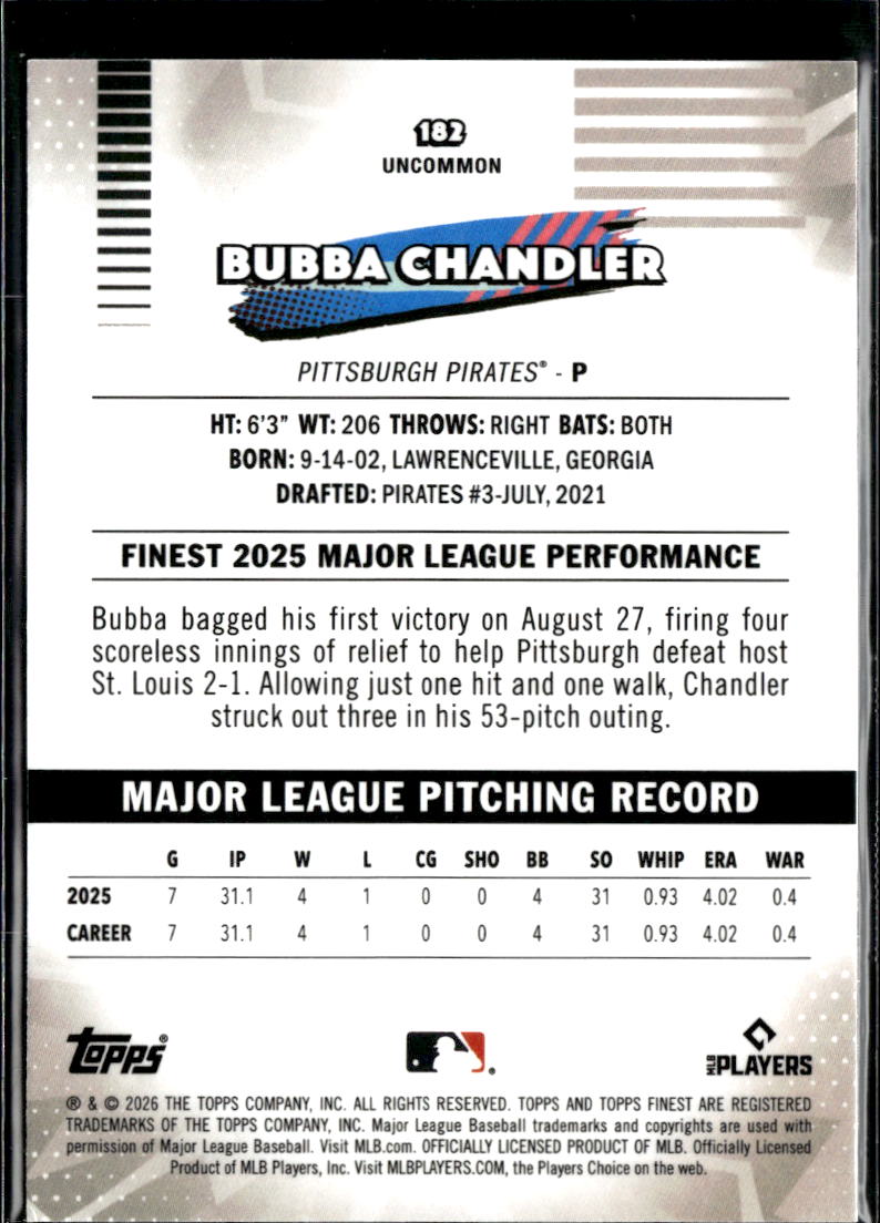 Bubba Chandler 2026 Topps Finest RC Blue Refractor 146/150 Pittsburgh Pirates