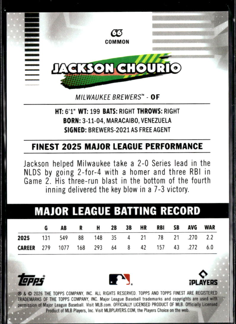 Jackson Chourio 2026 Topps Finest GOLD Refractor 34/50 Milwaukee Brewers