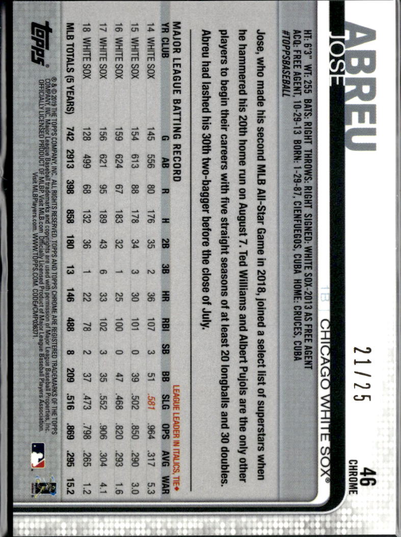 Jose Abreu 2019 Topps Chrome Sapphire Orange Refractor 21/25 Chicago White Sox
