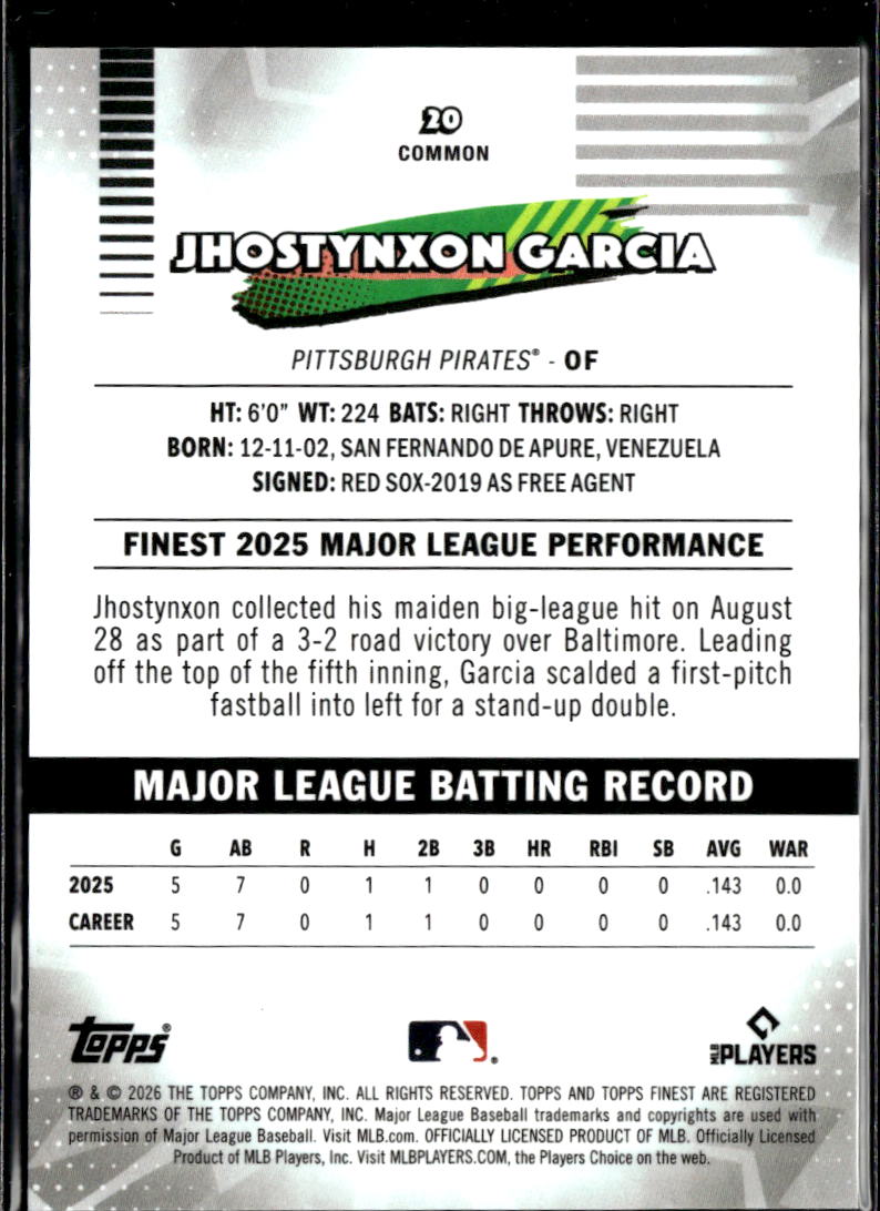 Jhostynxon Garcia 2026 Topps Finest RC GOLD Refractor 16/50 Pittsburgh Pirates