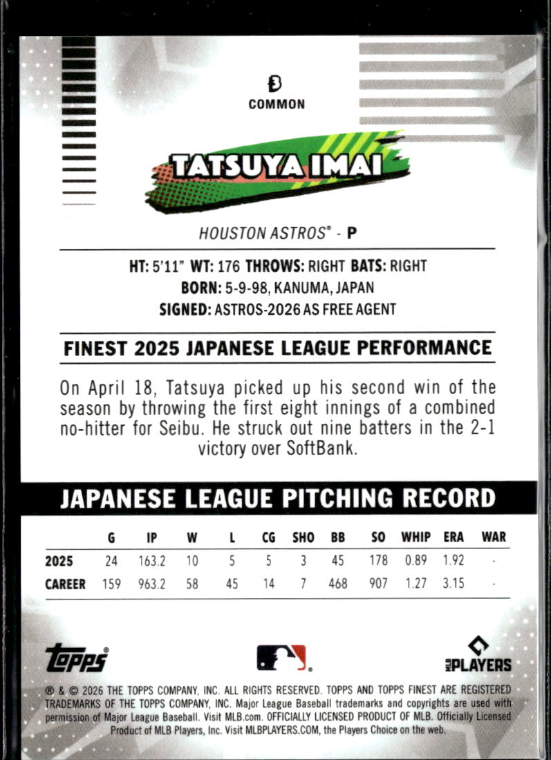 Tatsuya Imai 2026 Topps Finest RC GOLD Refractor 22/50 Houston Astros